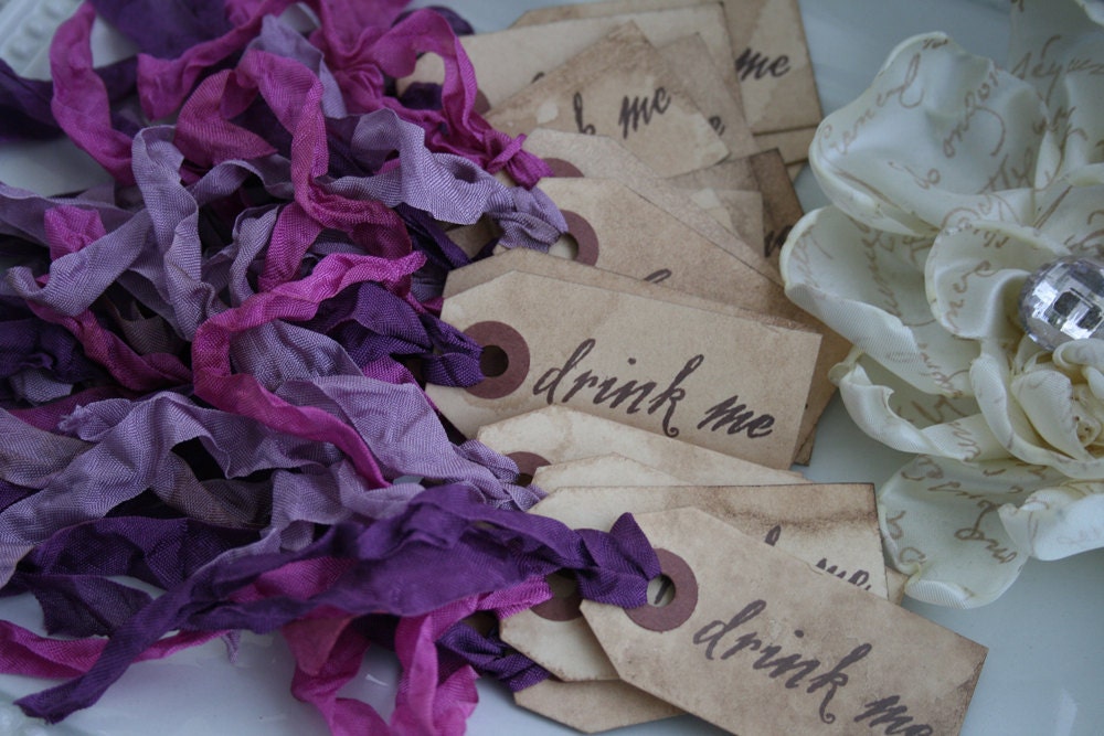 DRINK ME TAGS - set of 24 - Alice in Wonderland - vintage style- choose ribbon color