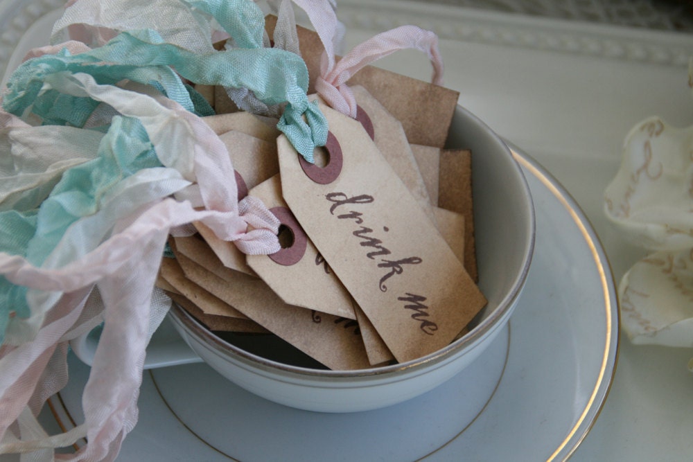 DRINK ME TAGS - set of 24 - Alice in Wonderland - vintage style- choose ribbon color