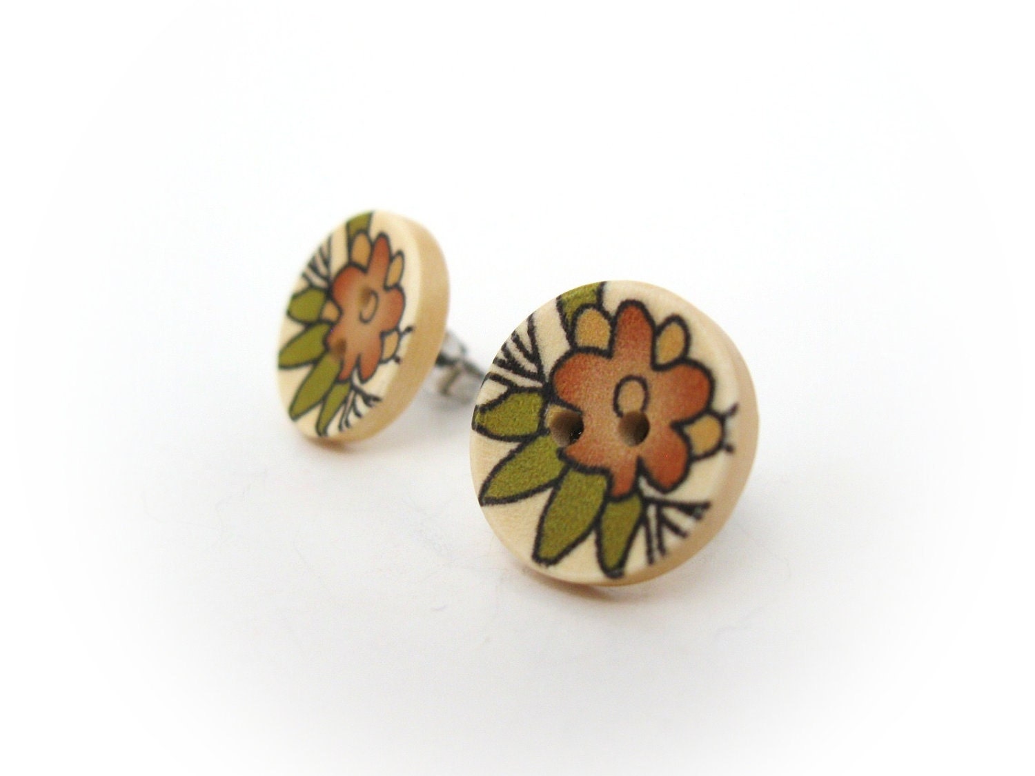 Wood Tiny Flower Post Earrings Natural Wooden Button