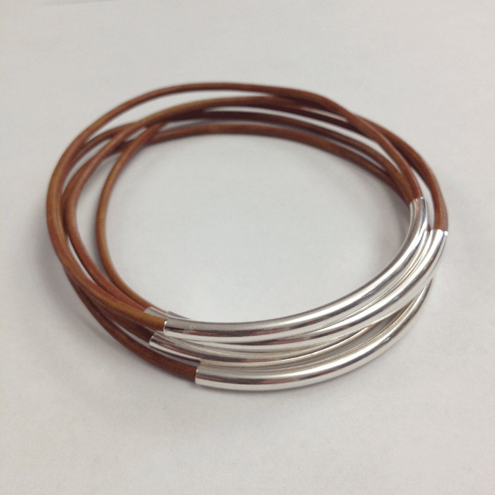 Leather and Silver Stacked Bangle Bracelets, set of 5 in light brown and silver.