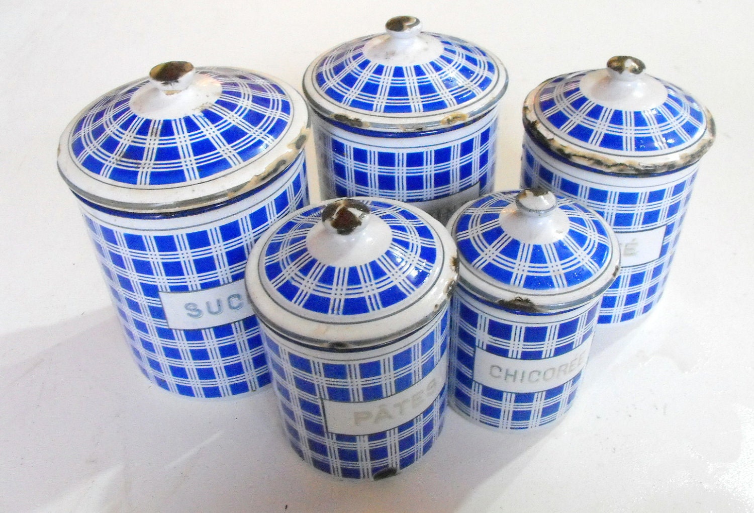 5 French Vintage Enamelware Cannisters Complete Set with Lids Blue and White