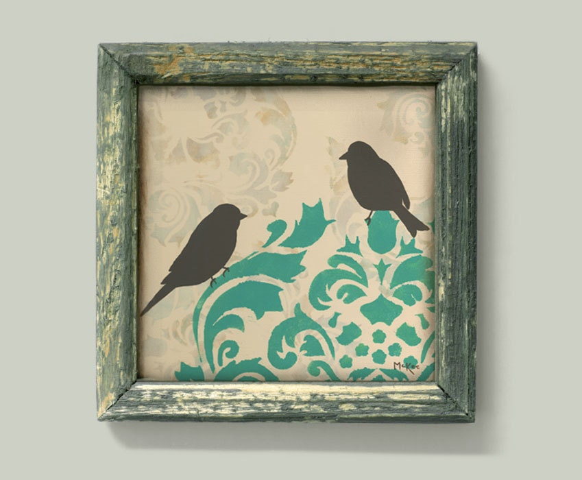 Love Bird Print, Damask Wall Decor Art, Cottage Chic Shabby, 12 x 12 inch print