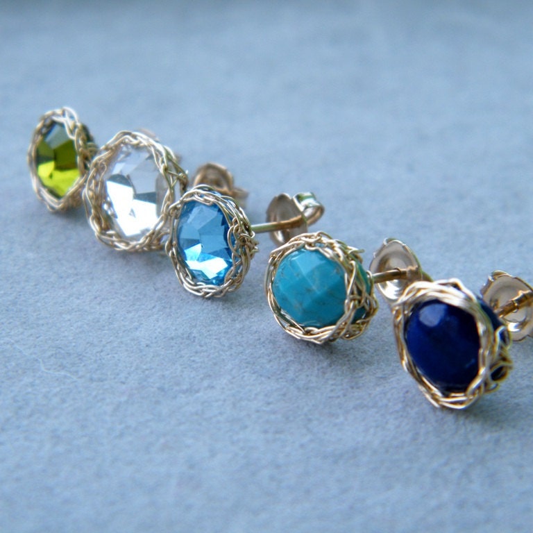 SPECIAL PRICE - Orphan Earrings Set, Crochet Post Earrings, Swarovski Crystal, Turquoise and Lapis Lazuli