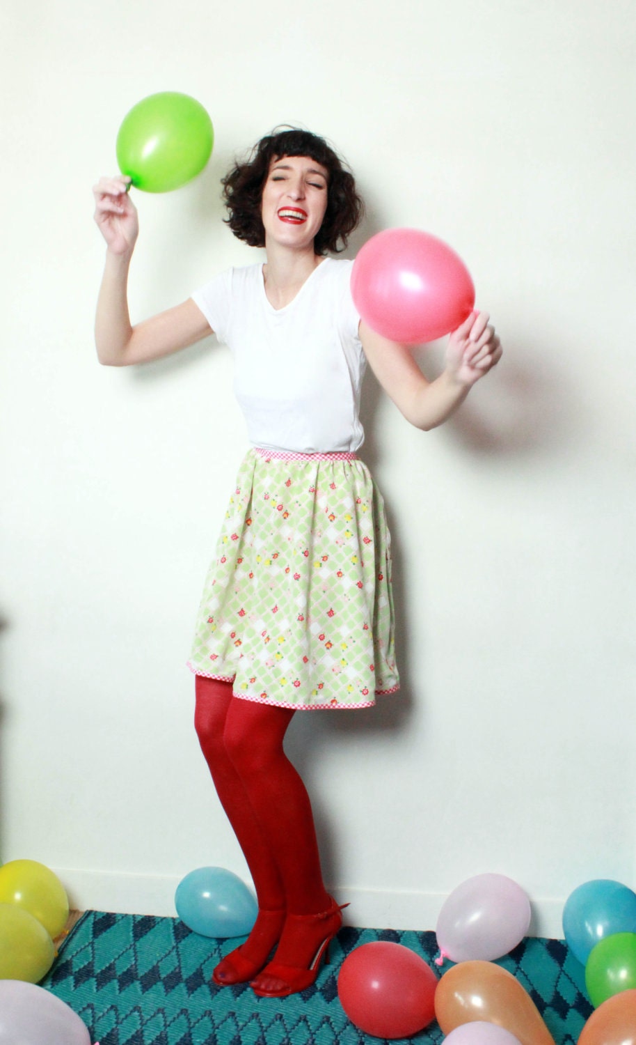 Pretty skirt with vintage fabric pastel green and pink with flowers size S