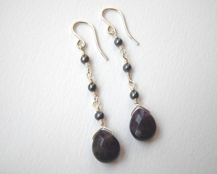 Amethyst Briolette Earrings - Gray Pearl Earrings Beaded Earrings Sterling Silver Earrings Drop Earrings