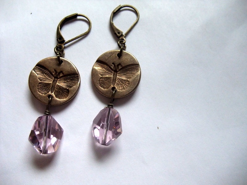 Butterfly, Butterfly Earrings, Bronze Earrrings, Purple Earrings, Lavender Earrings, Mauve Earrings, Dangle Earrings