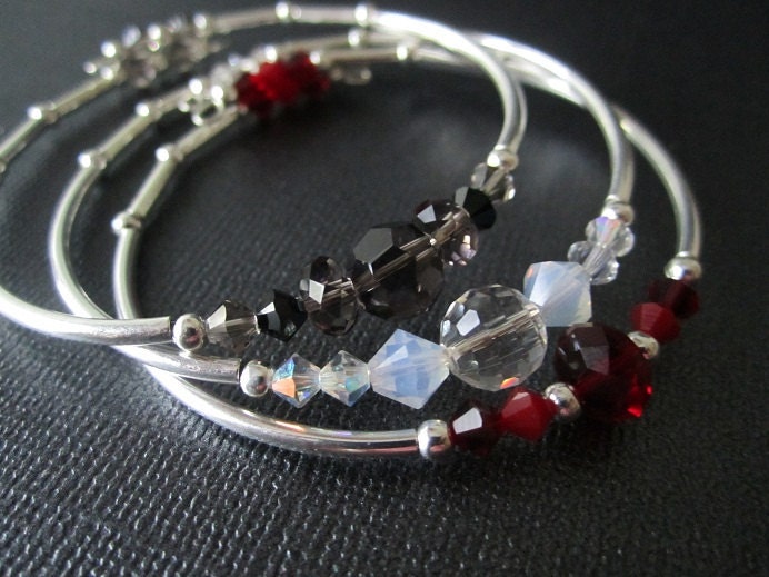set of 3 crystal and silver bangle bracelets. stacking bracelets.