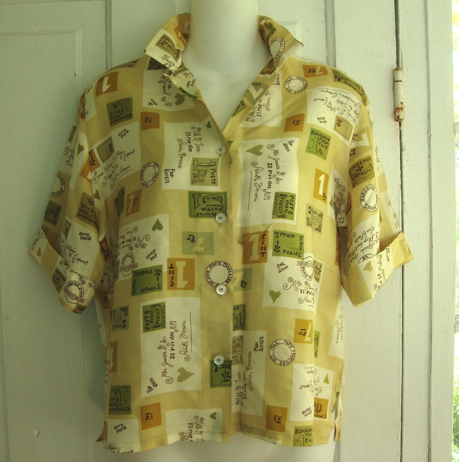 Vintage 1960s French Postcard Print Silky Blouse