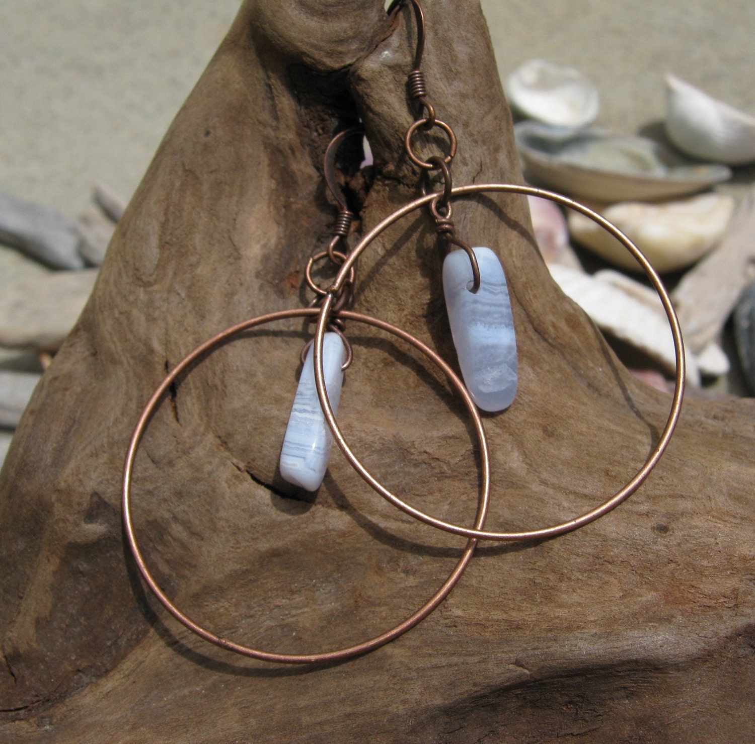 Copper Hoop Earrings with Lilac Purple Agate Stone Dangles