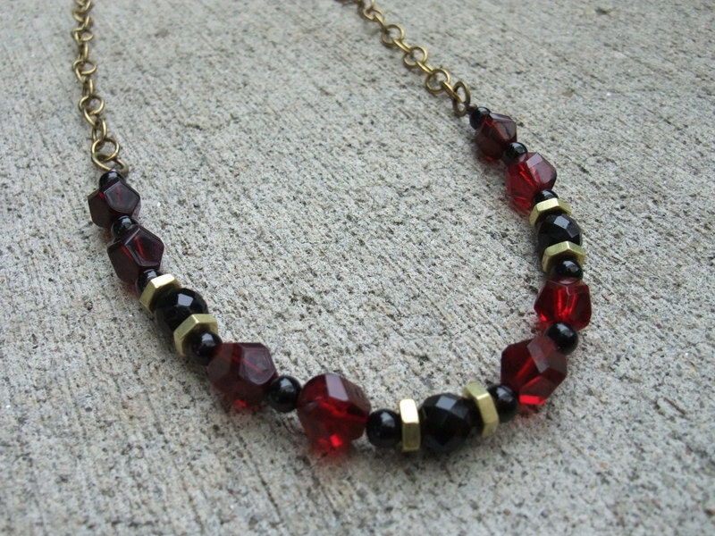 Red and Black Necklace, Vintage Looking Necklace, Brass Necklace