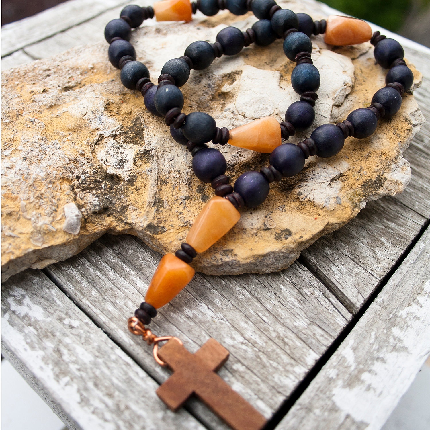 Blue Wood and Carnelian Anglican Rosary