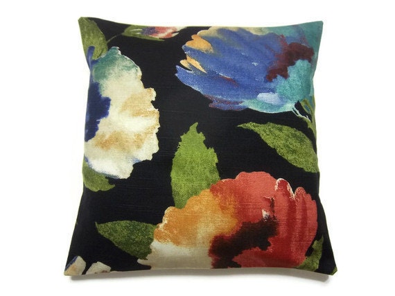 Two Black Blue Green Turquoise Red Pillow Covers Modern Floral Design 16 inch