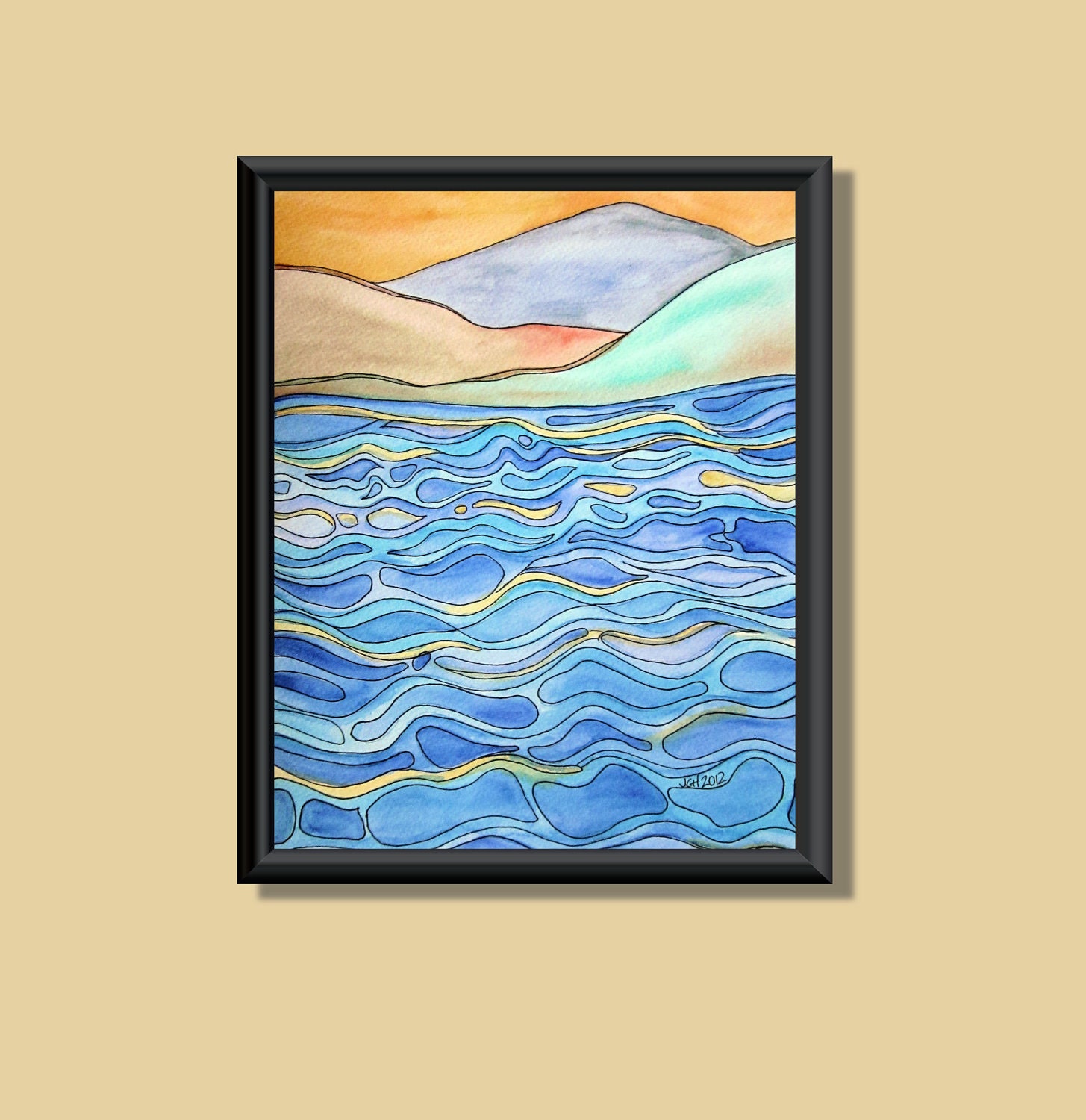 Ocean Waves One Original Watercolor Zentangle Painting