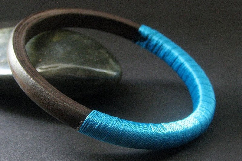 Teal Blue Fiber Wrapped Wood Bangle Bracelet