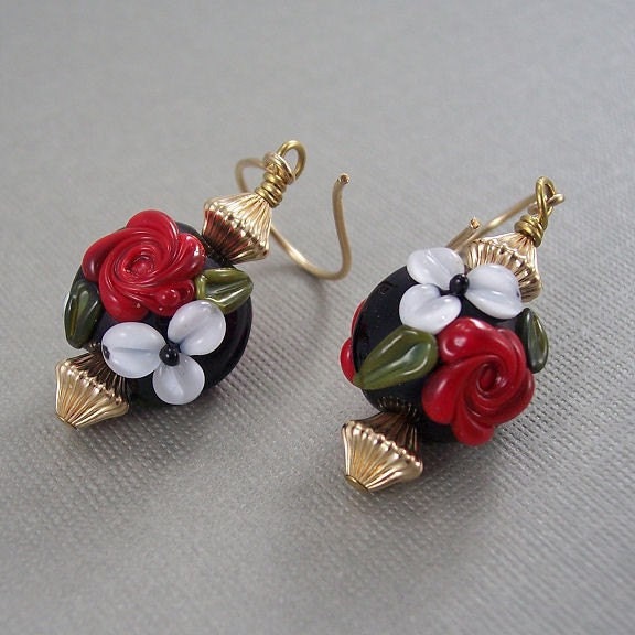 Black, White and Red Floral Lampwork Gold Filled Earrings, BHV, SATEAM, EAS