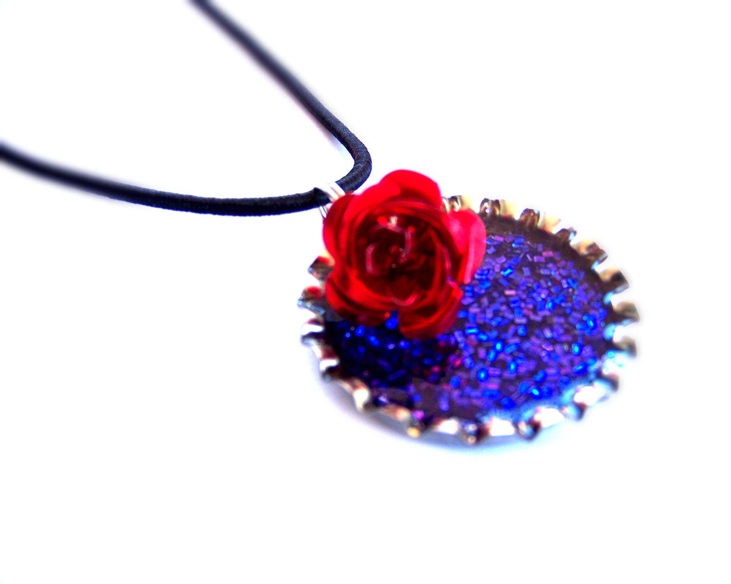 Royal Blue Glitter Necklace with a Tiny Metal Rose Charm, Purple - Resin Sparkling Pendant