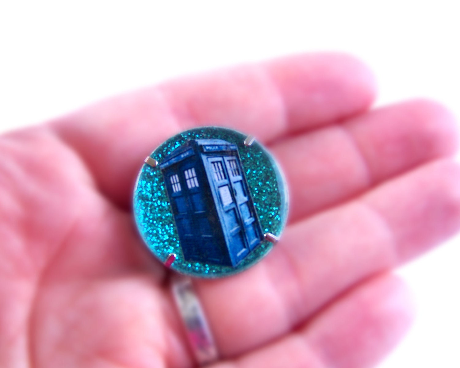 Blue Police Box Doctor Who Inspired Pin, Teal Glitter, Sparkly One-Inch Brooch