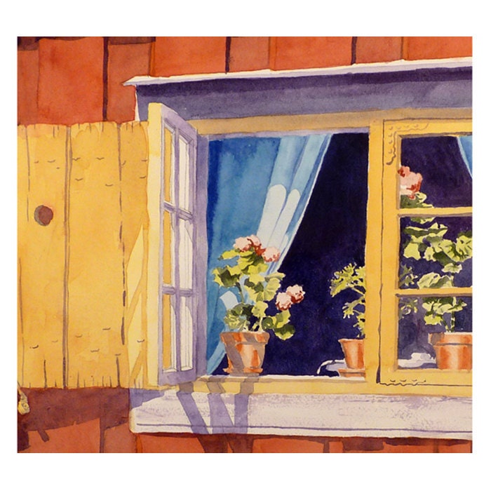 Fine Art Watercolor Window Painting Fathers Day Men Women Sweden Red Barn Summer Window Shutters Home Decor 10.6 x 13.6 Priced Under 30