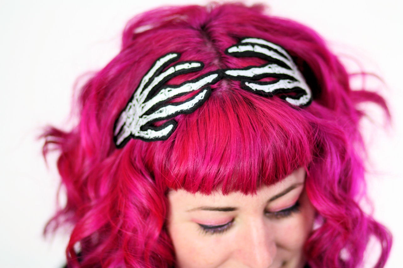 Skeleton Hands Headband, Wired Hair Band, Grey and White embroidered
