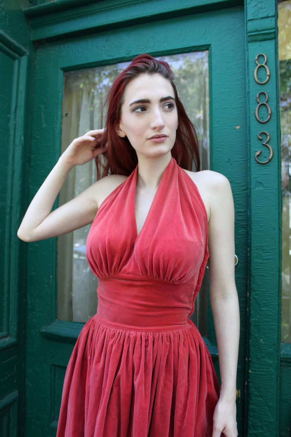 Dress 1950s Vintage 1950s Rockabilly Full Skirt Halter Gown Dress S M PLUSH Cherry