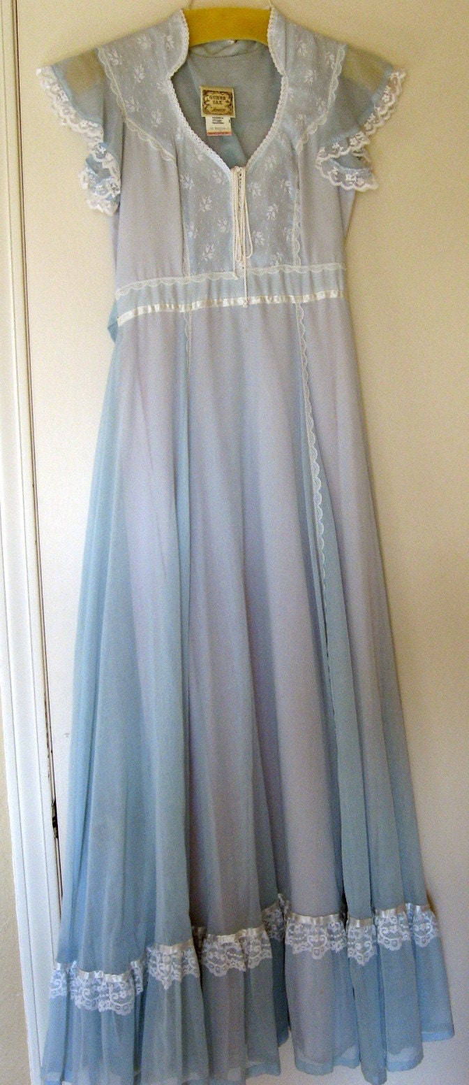 Gunne Sax Blue Dress with Lace and Pearls RARE