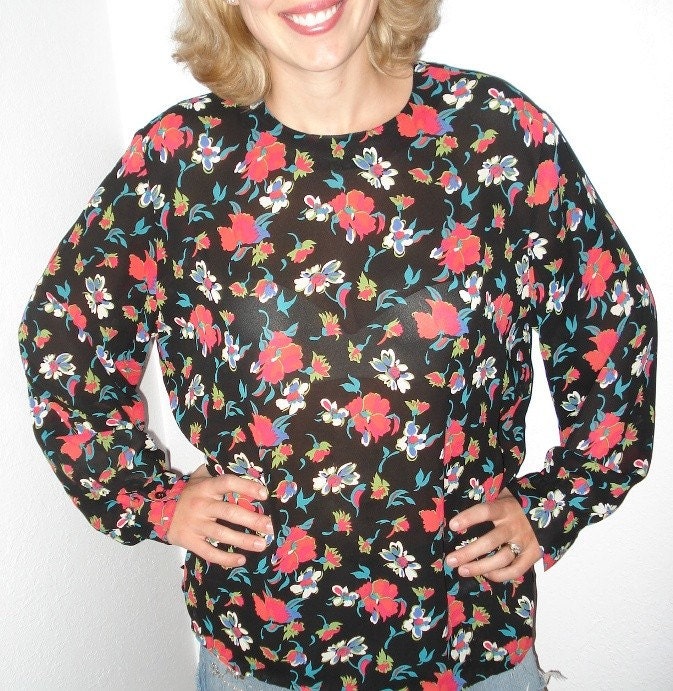 SPRING BLACK Floral VTG 80s L/S OFFICE  BLOUSE