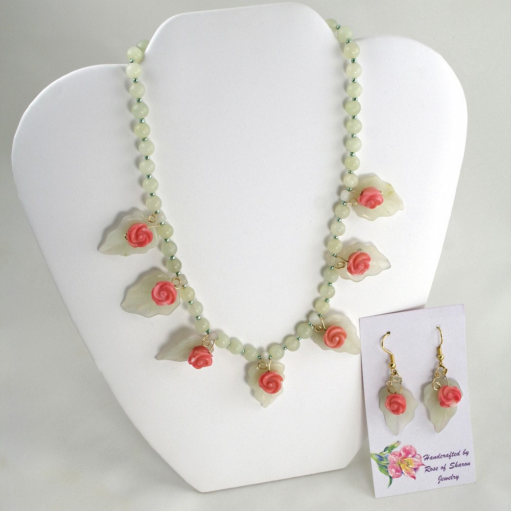Coral, Serpentine Floral Beaded Necklace, Earring Set - Handmade