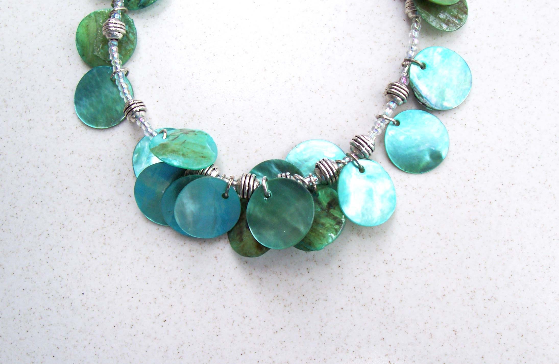 ROUND and ROUND and ROUND Green Mother of Pearl Dangle Anklet with Hanging Shell Disks