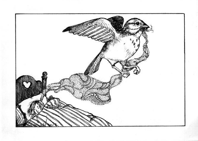 Giclee print - Black and white bird print - 4x6" - "The Sparrow Stole My Dreams"