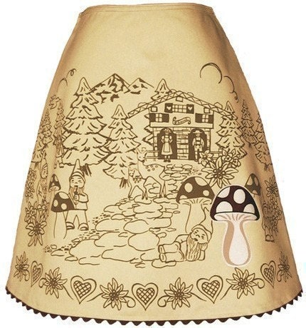 schwarzwalder skirt - gold - gnomes & deer frolic in the forest among the toadstools