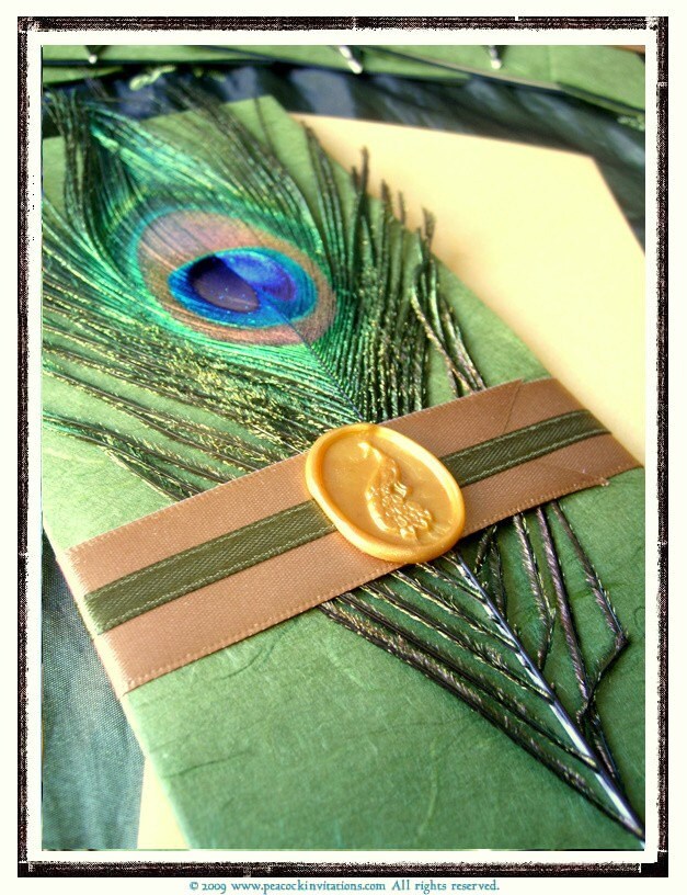 GILLAINE Peacock Themed Wedding Invitations in Moss Green Champagne and Gold