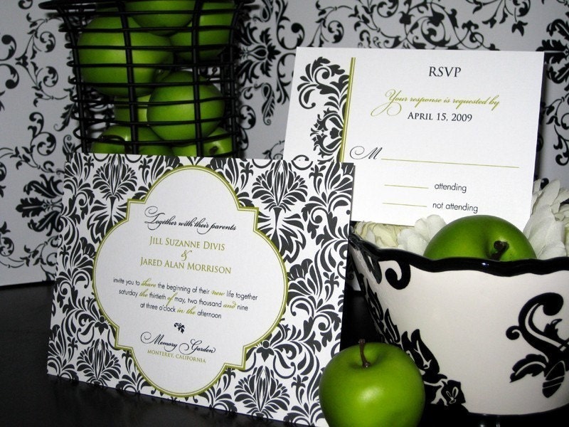 Black and Green Damask Wedding Invitation Set From ruffhouseart