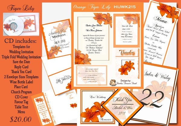 Delux Orange Tiger Lily Wedding CD Invitation Kit From Printnthings