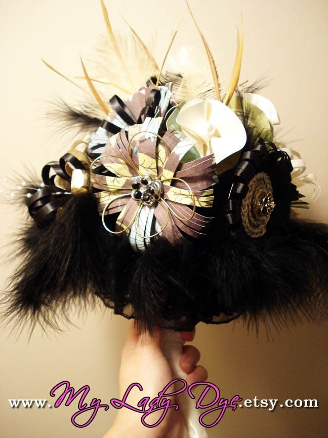  With Feathers Black Ivory And Gold With Jewels And Paper Flowers