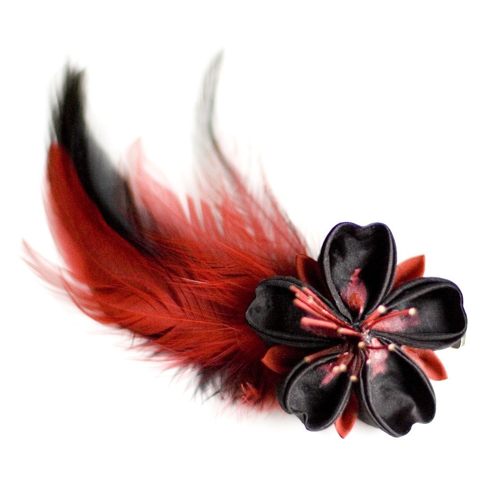 Red and Black Sakura Kanzashi Flower Hair Clip