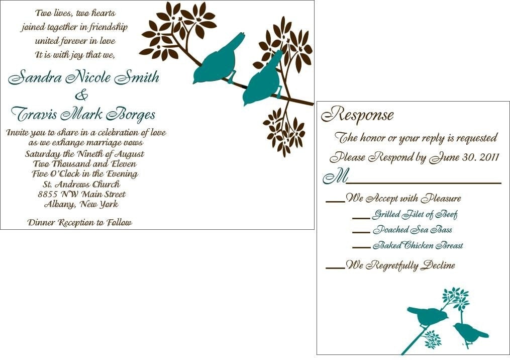 Custom wedding invitation suite modern teal and brown bird motif 100 sets