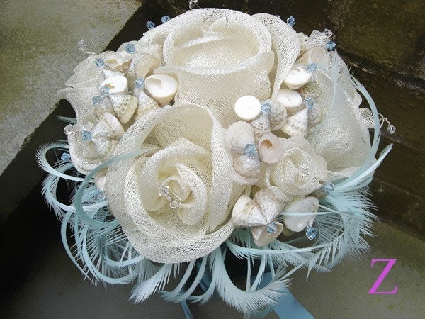 Bridal bouquet CALYPSO Ivory and Aqua seashells handmade sinamay flowers 