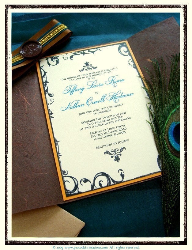  French Peacock Themed Wedding Invitations in Rustic Brown Teal and Gold
