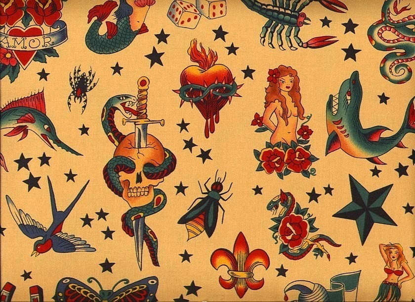 This fabric is vibrant and depicts Vintage tattoo flash art