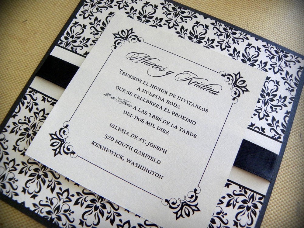 Shimmery Damask Square Layered Wedding Invitation Suite Black and Ivory