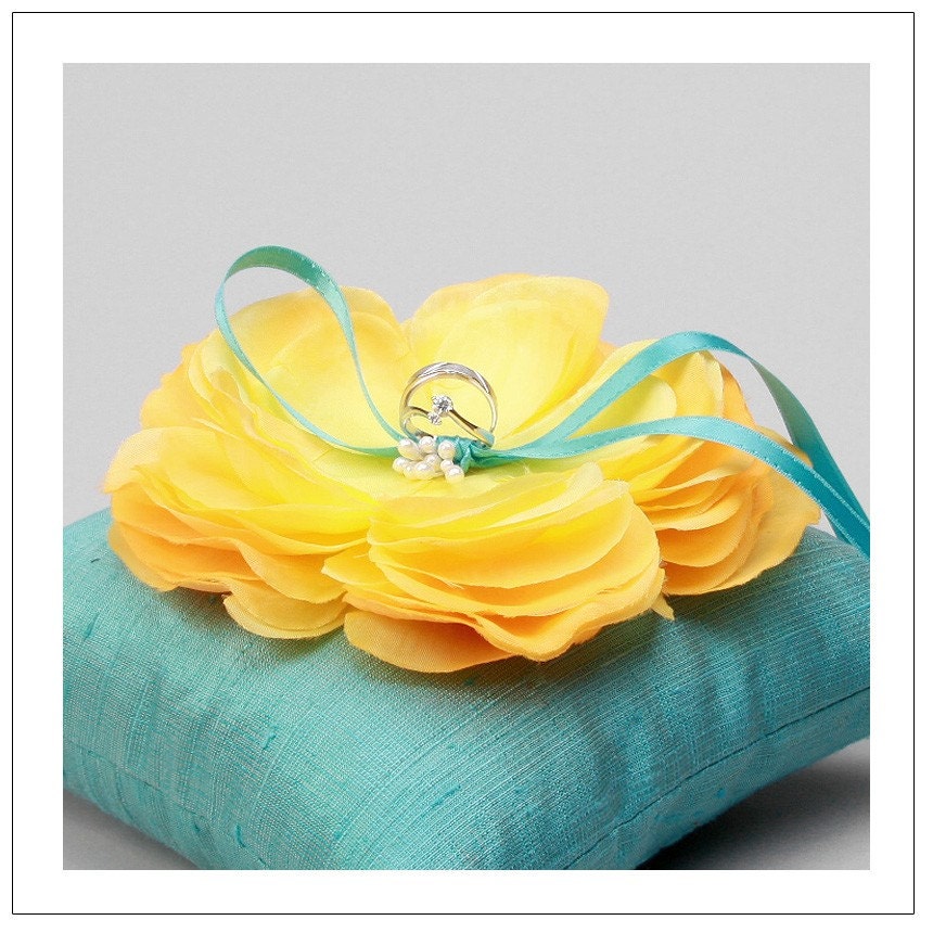 SERENA series yellow flower on teal silk dupioni wedding ring pillow