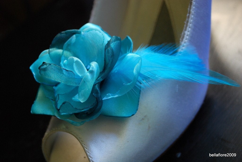 SHOE CLIPS Turquoise aquamarine teal organza satin handmade Flower with