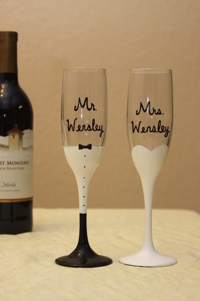 Mr and Mrs Wedding Champagne Flutes Painted Glasses From ArtsyAsh101