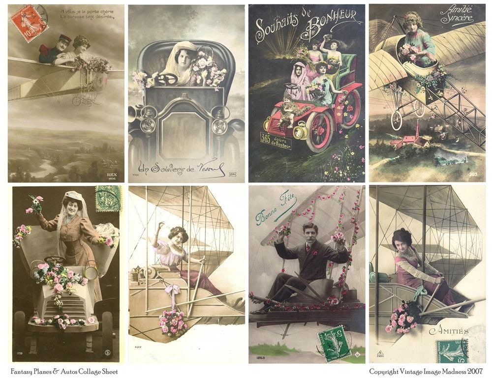 FANTASY PLANES and AUTOS Vintage Postcards Downloadable Full Page Collage