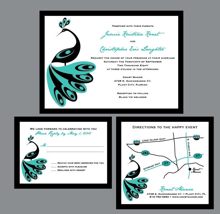 Vintage Retro 1920's Art Deco Peacock Wedding Invitation Set with matching