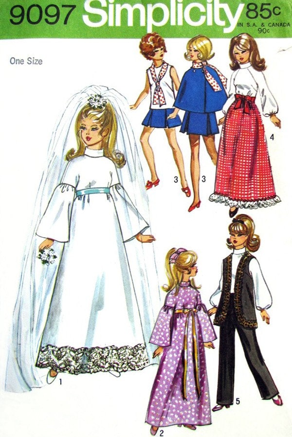 70s Barbie Clothes Vintage Pattern Simplicity 9097 Original Wedding Dress 