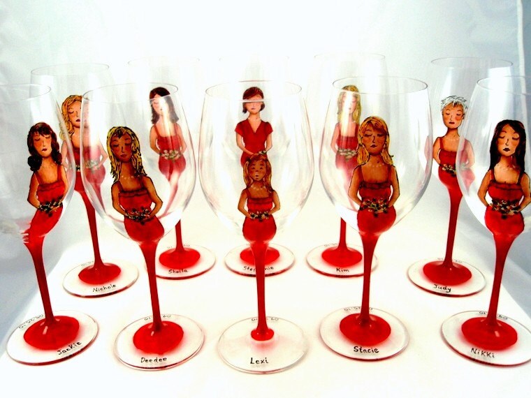 Hand Painted Personalized Bridesmaids Bridal Party Wine Glasses 10 glasses