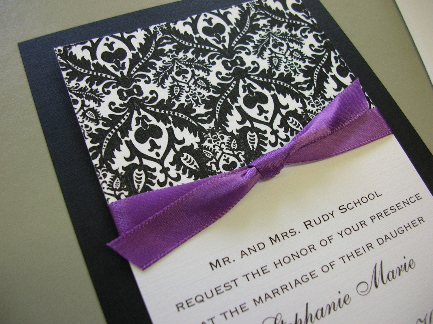 black white and purple wedding invitations