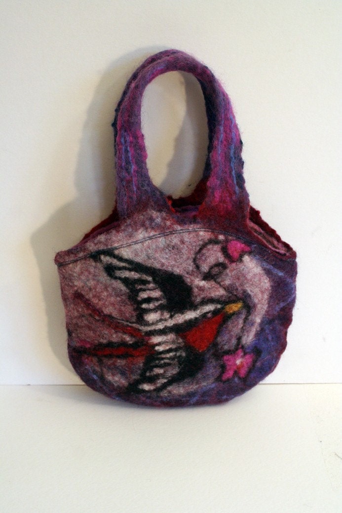 Cute Vintage Tattoo Inspired Small Hand Felted Bag With Bird and Skull 