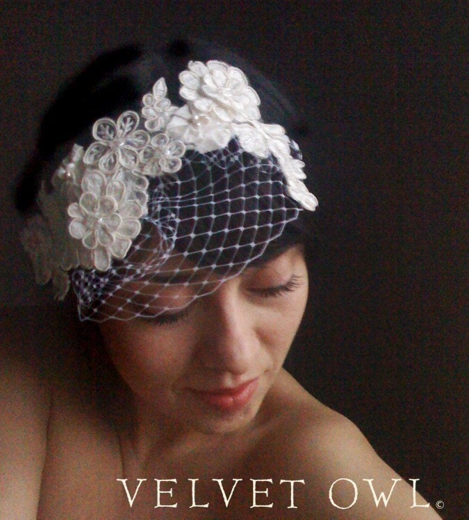 Lydia bridal headband and detach french netting mini veil From VelvetOwl